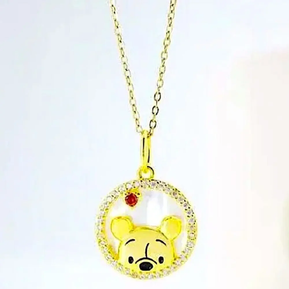 Disney Winnie The Pooh Necklace Charm Gold Plated Crystal Stone
